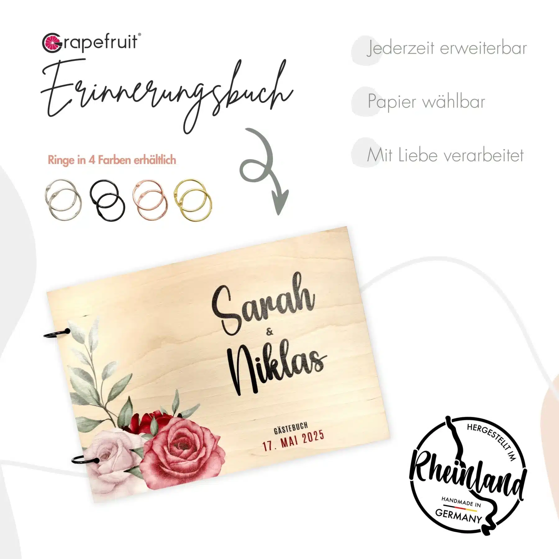 Gästebücher Edles Gästebuch zur Hochzeit – Erinnerungsbuch Fotobuch aus Holz- Modell Sarah