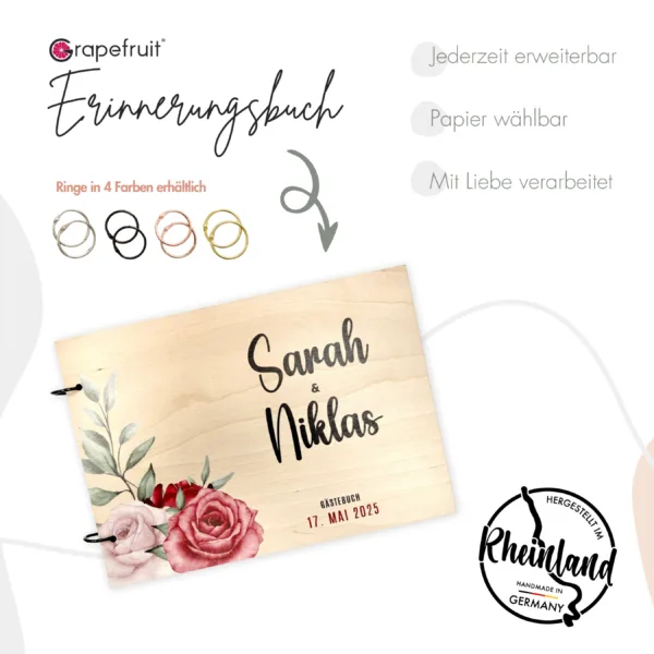 Hochzeitsgeschenke Edles Gästebuch zur Hochzeit – Erinnerungsbuch Fotobuch aus Holz- Modell Sarah