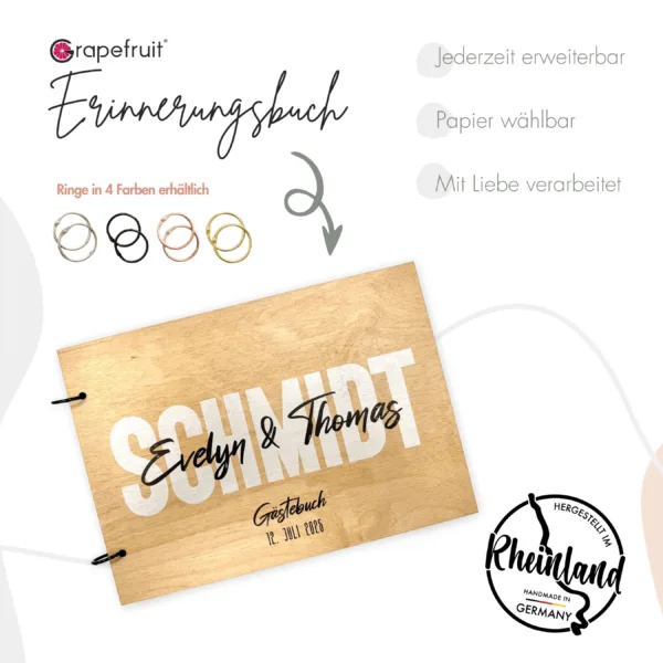 Hochzeitsgeschenke Edles Gästebuch zur Hochzeit – Erinnerungsbuch Fotobuch aus Holz – Modell Evelyn