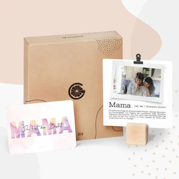 Muttertag Grapefruit® Geschenkbox von Herzen zum Muttertag + Geschenkkarte – Definition Mama mit Fotoklammer