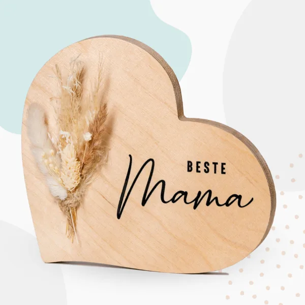 Muttertag Grapefruit® Geschenk-Herz aus Holz zum Muttertag – Beste Mama – mit Trockenblumen