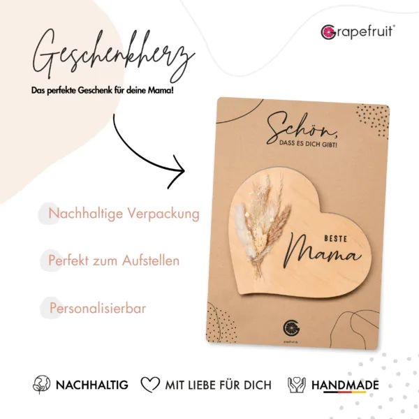 Muttertag Grapefruit® Geschenk-Herz aus Holz zum Muttertag – Beste Mama – mit Trockenblumen