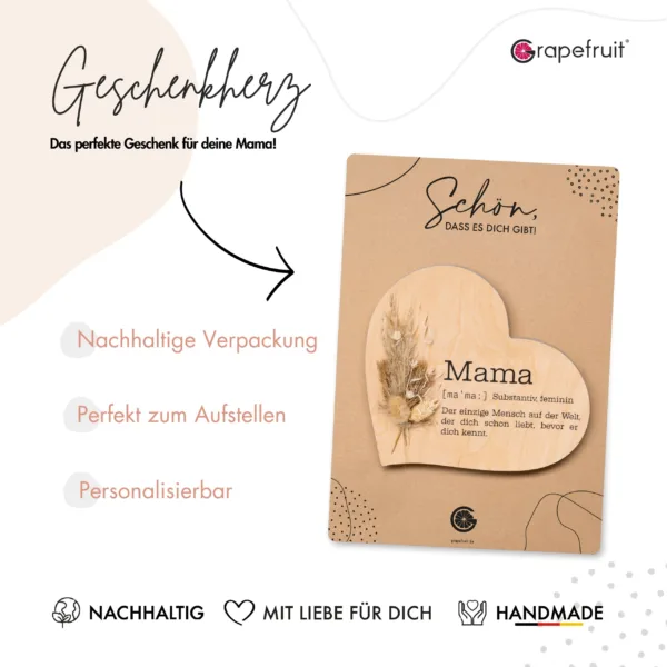 Muttertag Grapefruit® Geschenk-Herz aus Holz zum Muttertag – Definition Mama – mit Trockenblumen