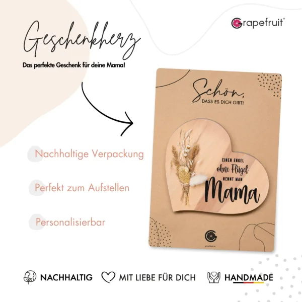 Geschenk-Herz Grapefruit® Geschenk-Herz aus Holz zum Muttertag – Engel ohne Flügel – mit Trockenblumen