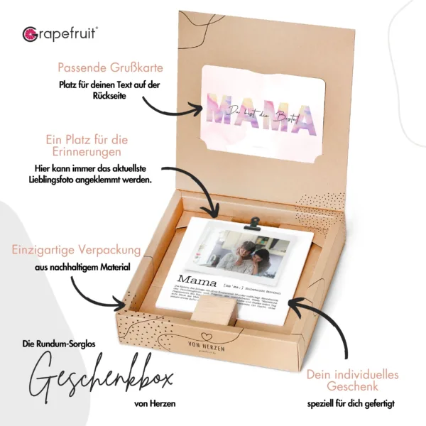Muttertag Grapefruit® Geschenkbox von Herzen zum Muttertag + Geschenkkarte – Definition Mama mit Fotoklammer
