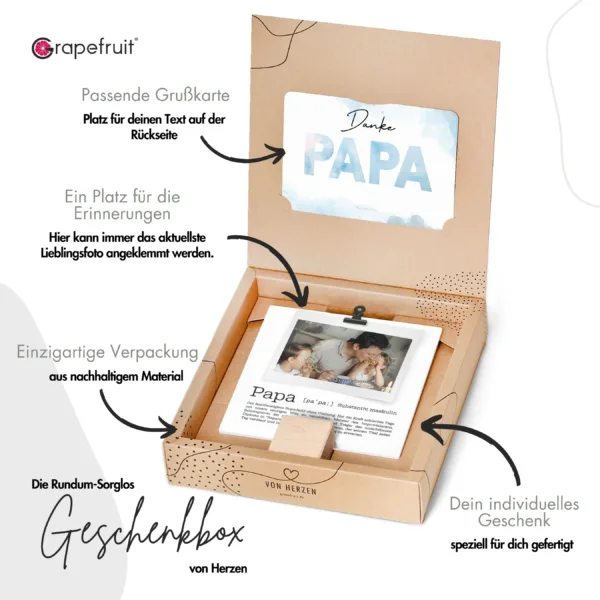 Vatertag Grapefruit® Einzigartige Geschenkbox von Herzen zum Vatertag + Geschenkkarte – Definition Papa mit Fotoklammer