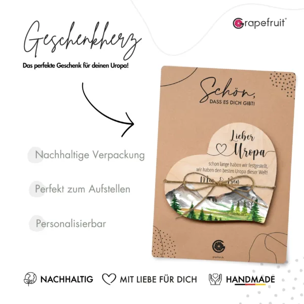 Vatertag Grapefruit® Geschenk-Herz aus Holz zum Vatertag – Uropa & Berge