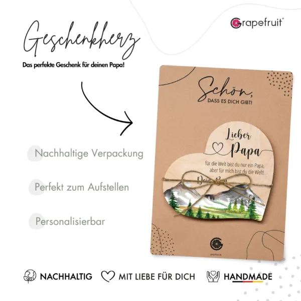 Vatertag Grapefruit® Geschenk-Herz aus Holz zum Vatertag – Papa & Berge
