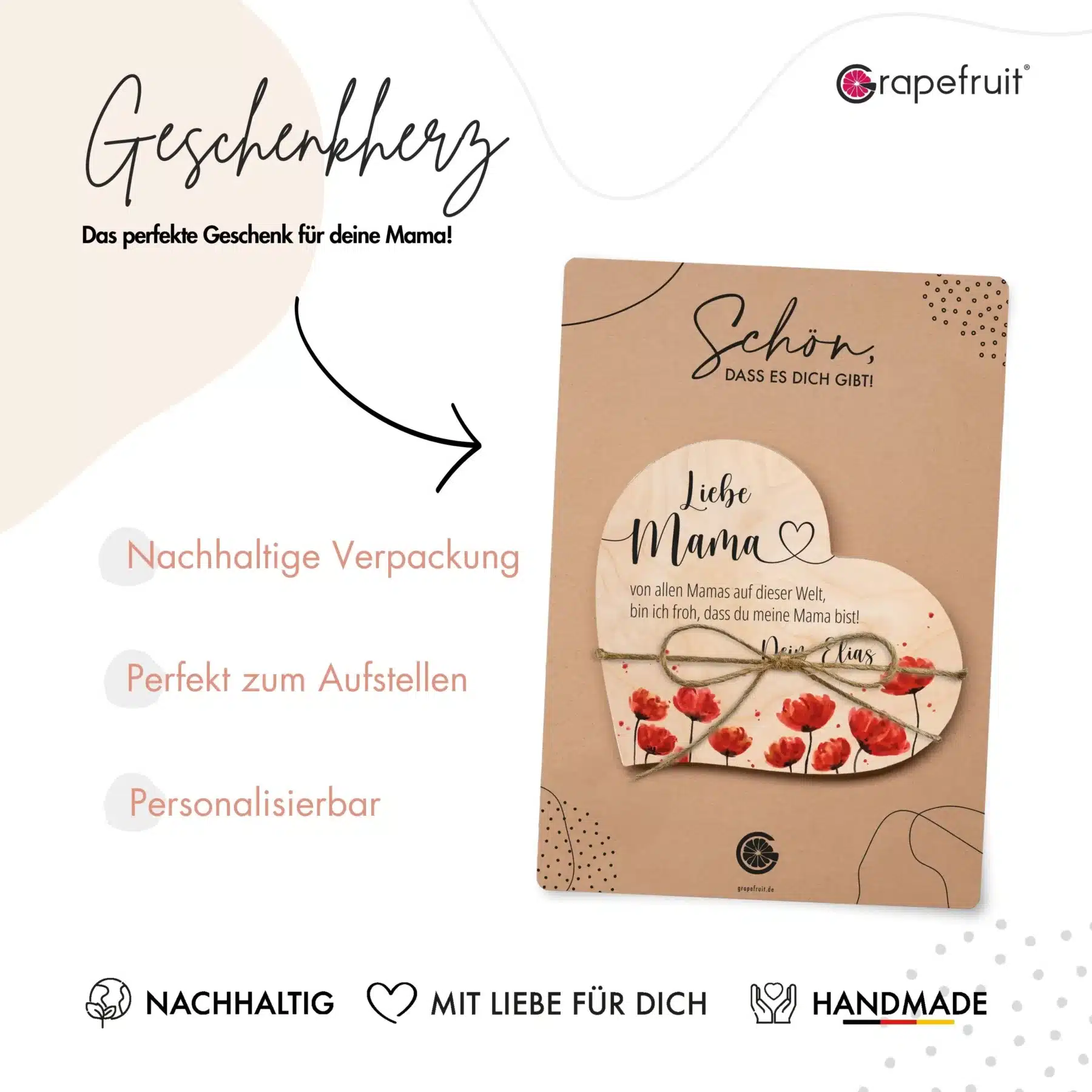 Muttertag Grapefruit® Geschenk-Herz aus Holz zum Muttertag – Mama Mohnblumen