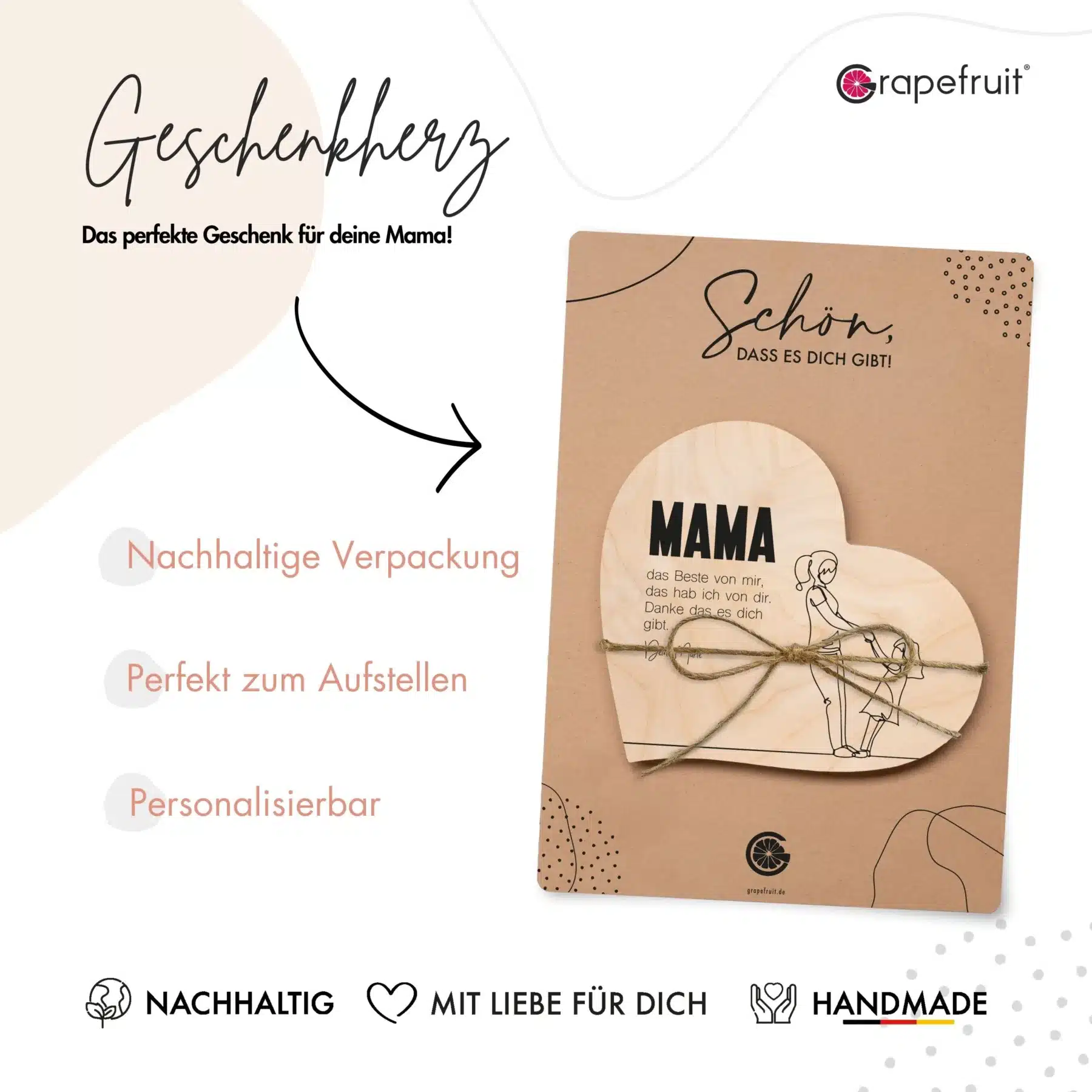 Muttertag Grapefruit® Geschenk-Herz aus Holz zum Muttertag – Mama & Tochter