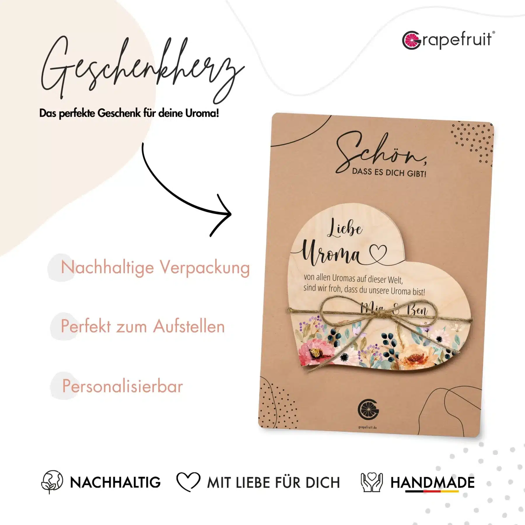 Muttertag Grapefruit® Geschenk-Herz aus Holz zum Muttertag – Liebe Uroma