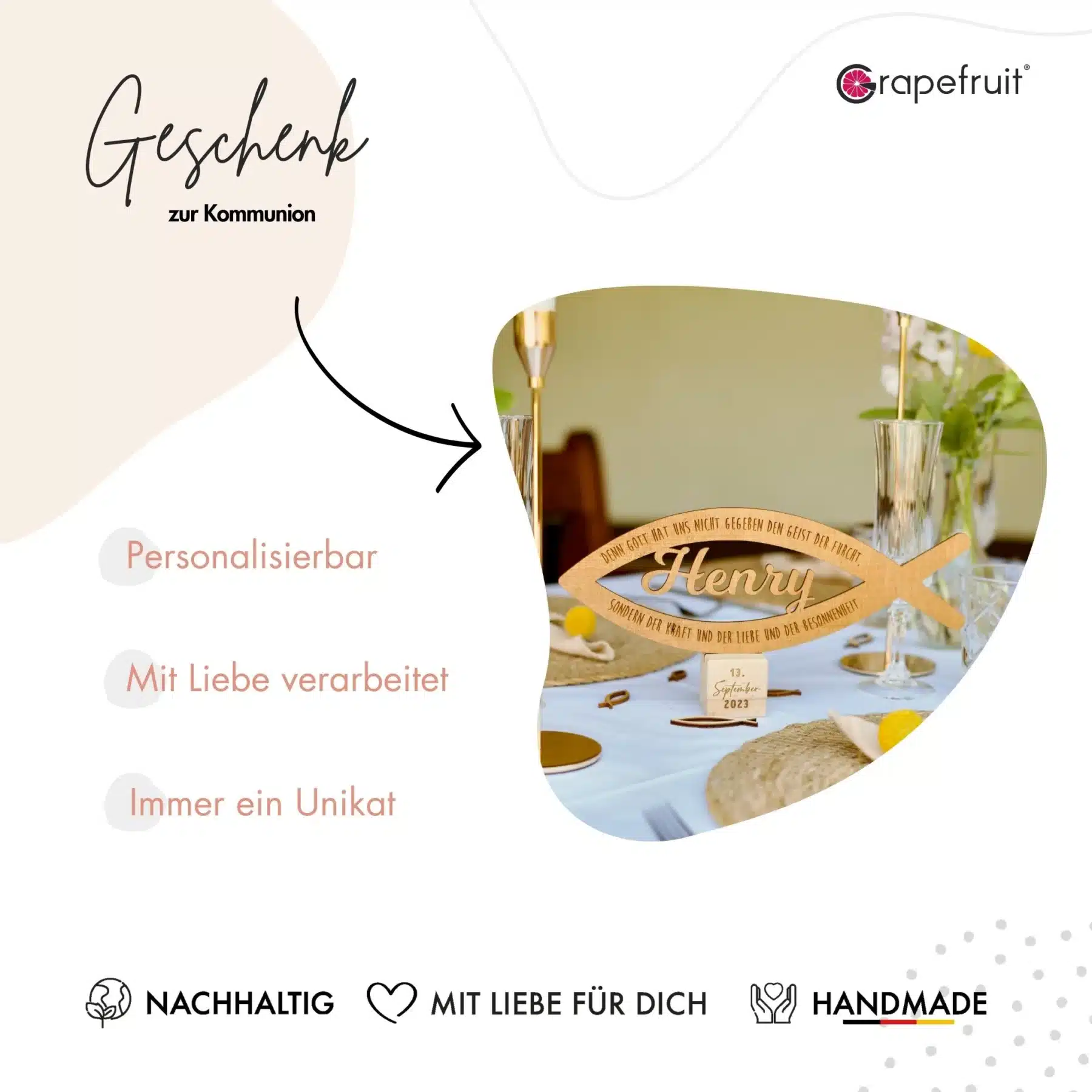 Glaube Individuelles Geschenk – großer Holzfisch mit Personalisierung, zur Taufe, Firmung, Kommunion oder Konfirmation aus Holz