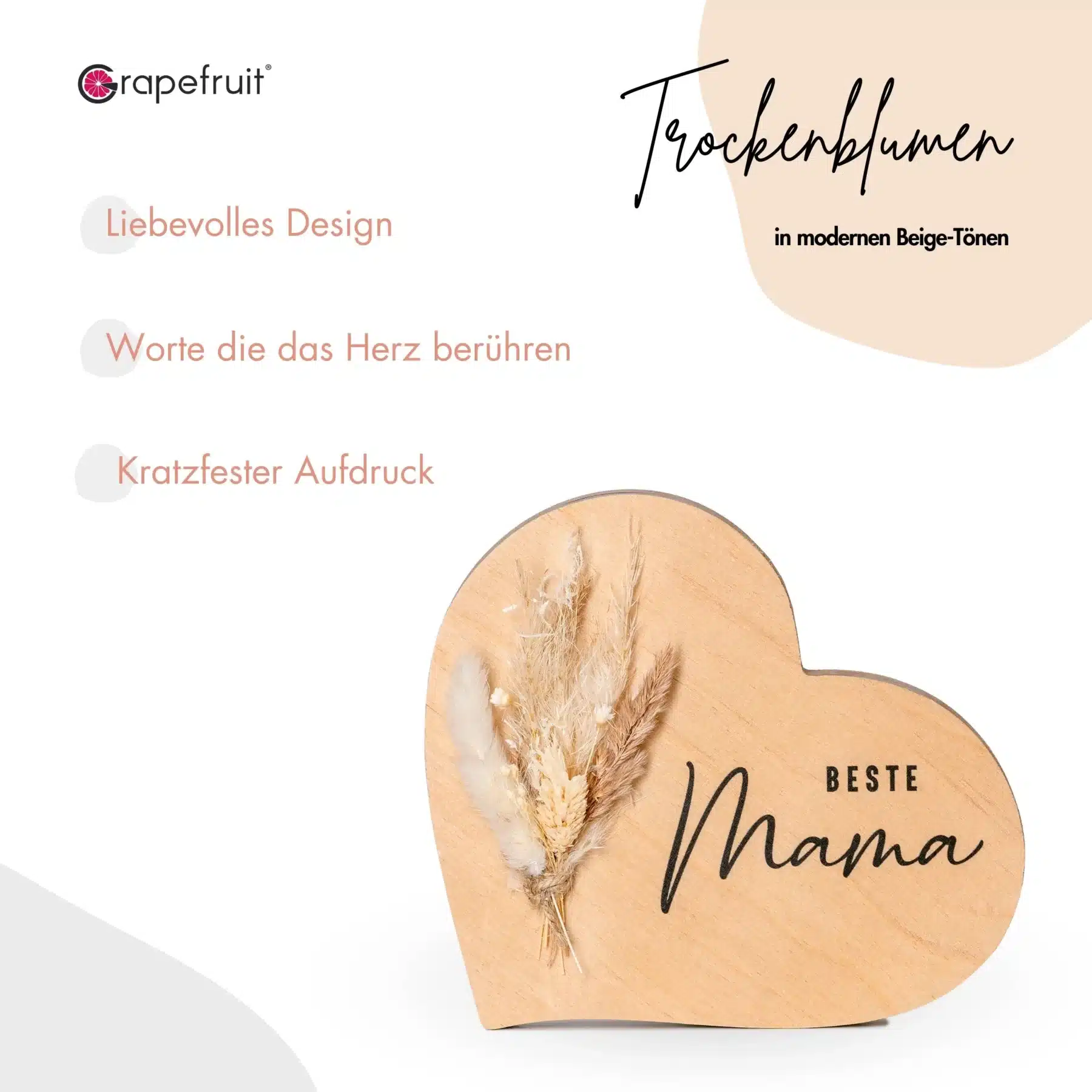 Muttertag Grapefruit® Geschenk-Herz aus Holz zum Muttertag – Beste Mama – mit Trockenblumen