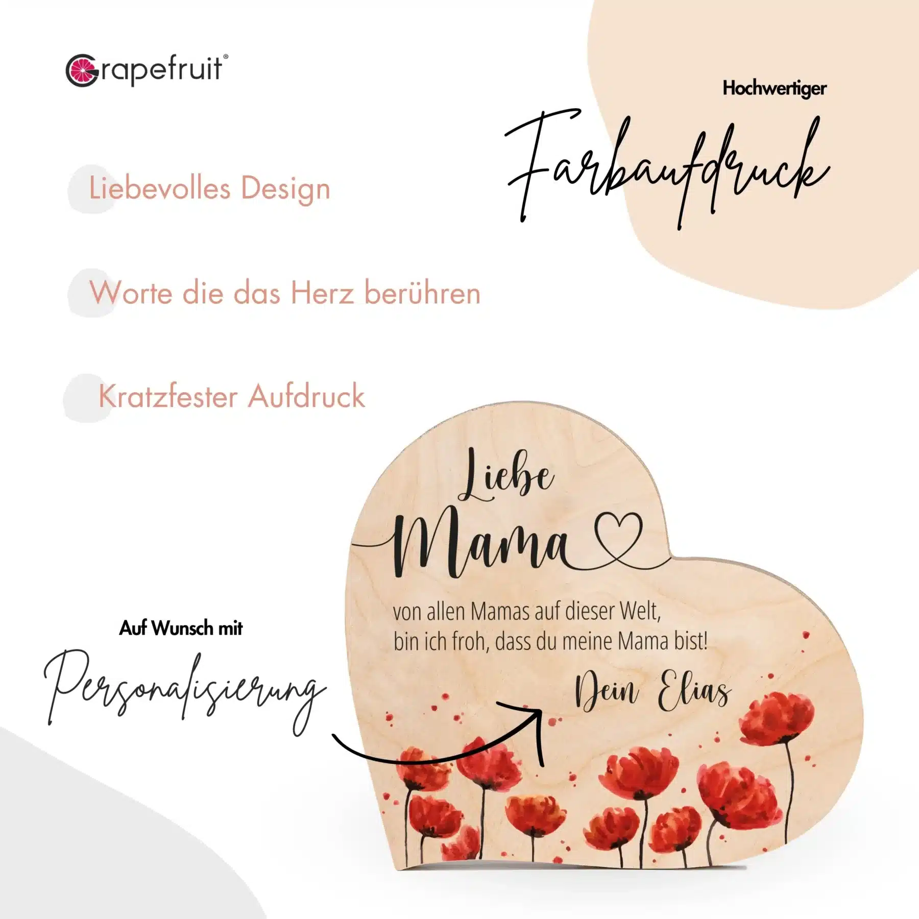 Muttertag Grapefruit® Geschenk-Herz aus Holz zum Muttertag – Mama Mohnblumen