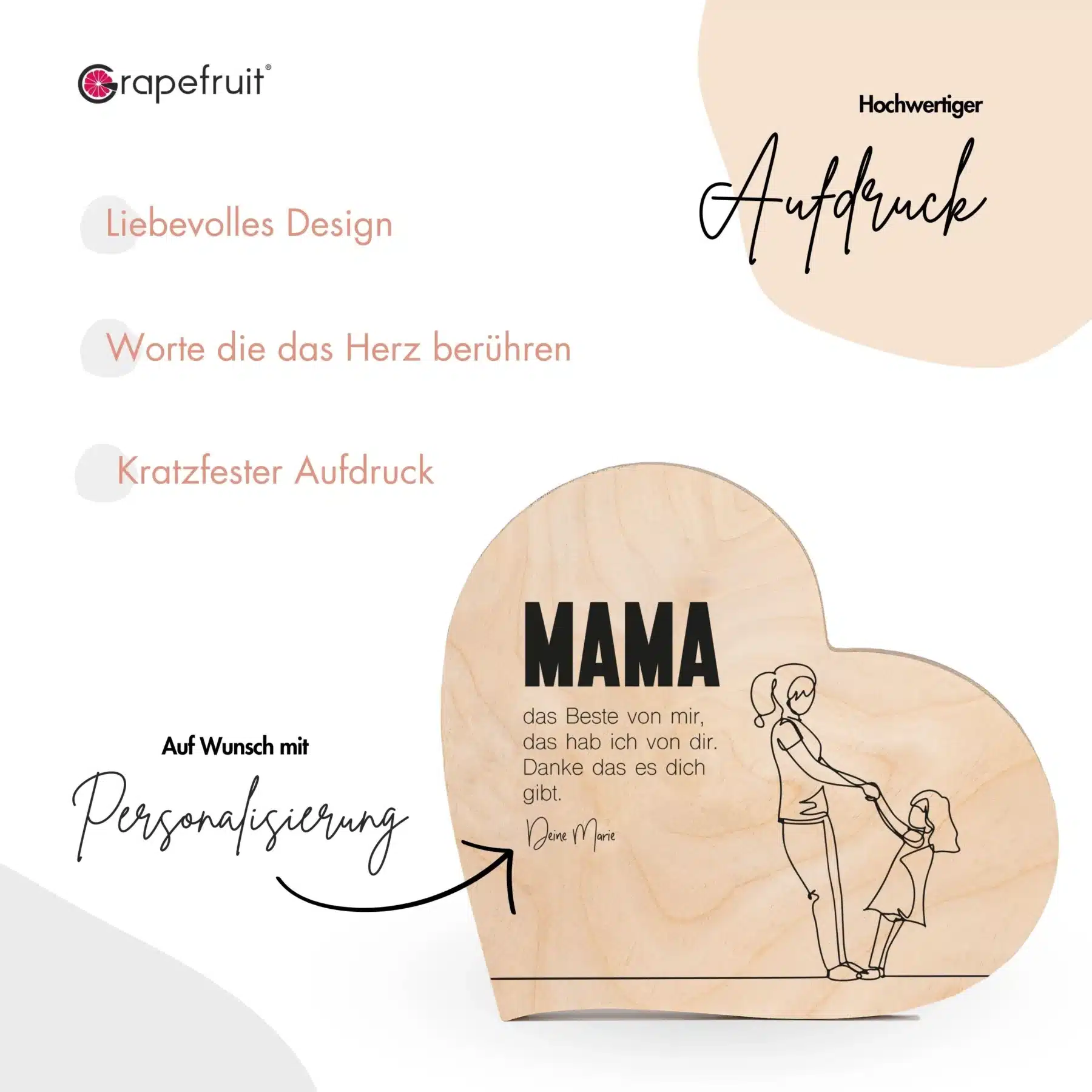 Muttertag Grapefruit® Geschenk-Herz aus Holz zum Muttertag – Mama & Tochter