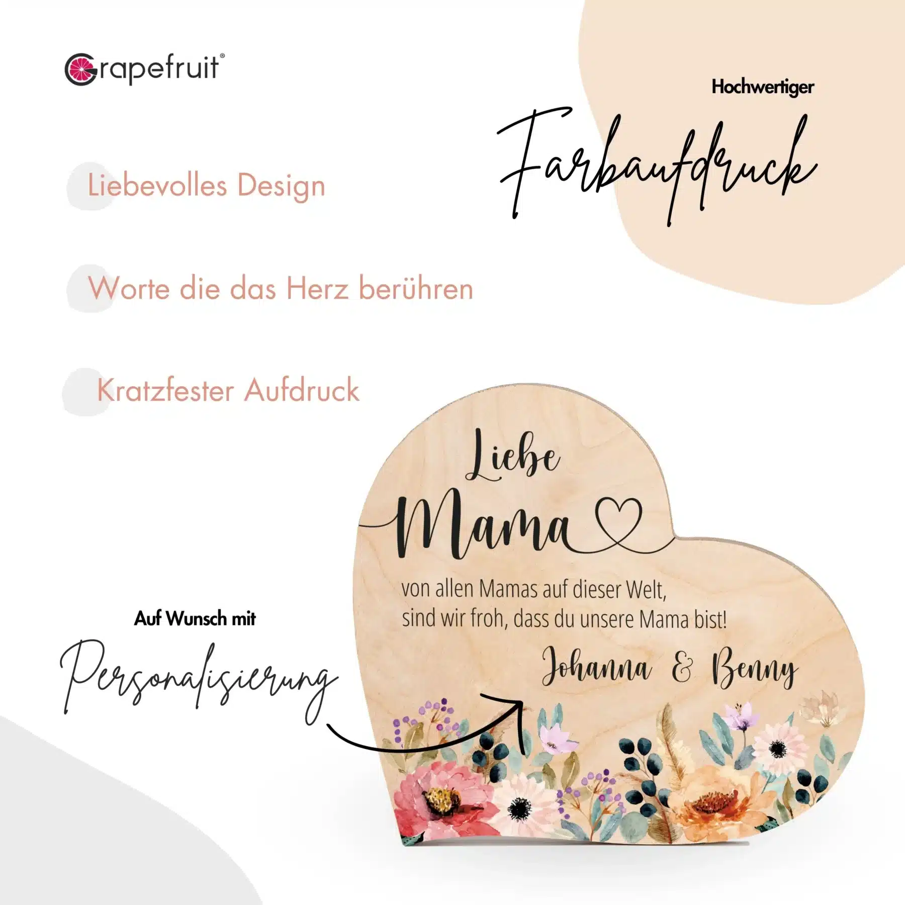 Muttertag Grapefruit® Geschenk-Herz aus Holz zum Muttertag – Mama Floral