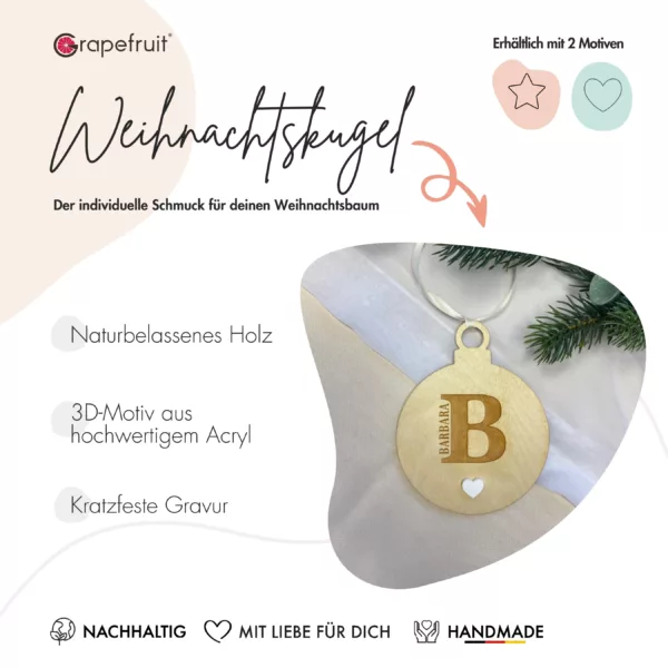 Feiertage Personalisierte 3D-Weihnachtskugel aus Holz mit Acryl – Weihnachtsschmuck – Christbaumschmuck – Weihnachtsanhänger mit Initialen