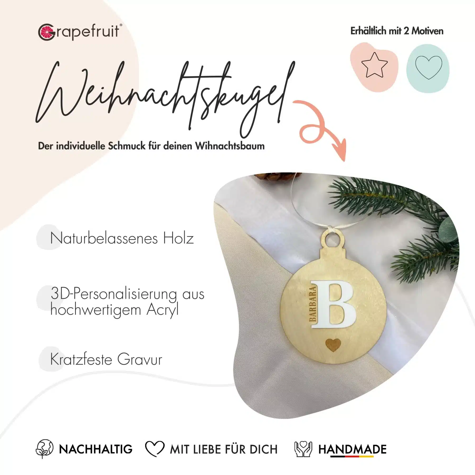 Feiertage Personalisierte 3D-Weihnachtskugel aus Holz mit Acryl – Weihnachtsschmuck – Christbaumschmuck – Weihnachtsanhänger mit Initialen