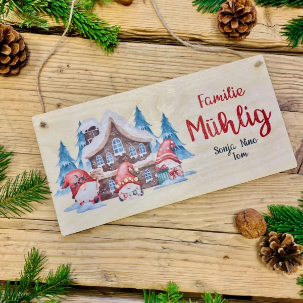 Feiertage Personalisiertes Türschild aus Holz, Weihnachtsdekoration, Türschild mit Wichteln, personalisiertes Namensschild, Weihnachtsschmuck Tür